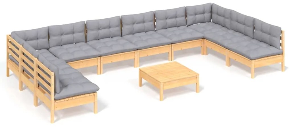 vidaXL Σαλόνι Κήπου Σετ 11 Τεμαχίων από Μασίφ Πεύκο με Γκρι Μαξιλάρια