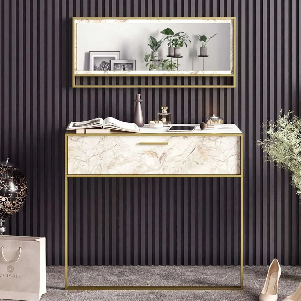 Κονσόλα Με Καθρέπτη Polka Aynali 875ZNA3510 90x38,5x76,8/90x3x37,8cm Marble Effect White-Gold Μοριοσανίδα, Μέταλλο