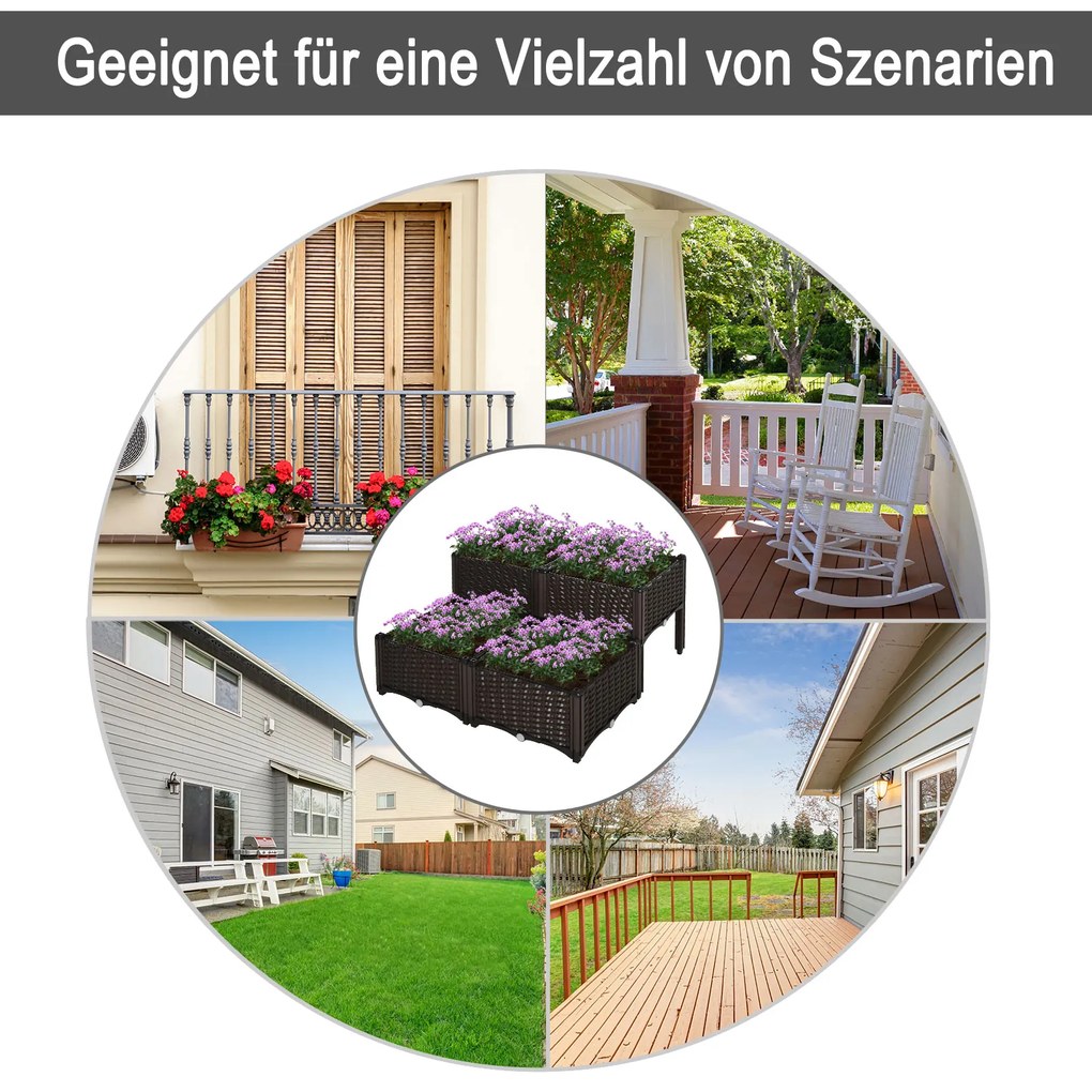 Outsunny Υπερυψωμένο παρτέρι, γλάστρα με τρύπες αποστράγγισης, γλάστρα σε εμφάνιση rattan, πλαστικό, καφέ, 40 x 40 x 44 cm