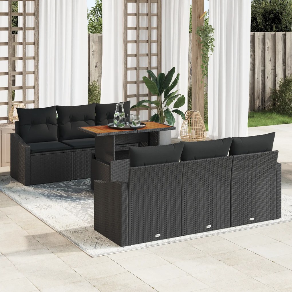 vidaXL set καναπέ κήπου 7 κομματιών με μαξιλάρια μαύρο πολυκαρβόνιο