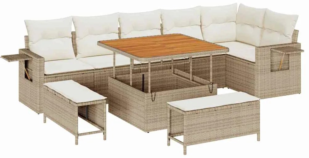 vidaXL Σετ Καναπέ Κήπου Ρυθμιζόμενο ύψος 9 pcs Μπεζ συνθετικό ρατάν