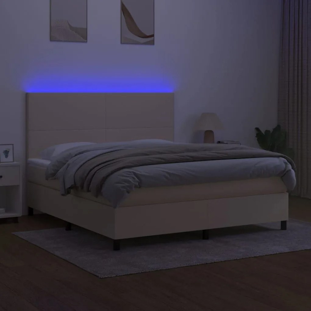 Κρεβάτι Boxspring με Στρώμα &amp; LED Κρεμ 160x200 εκ. Υφασμάτινο - Κρεμ