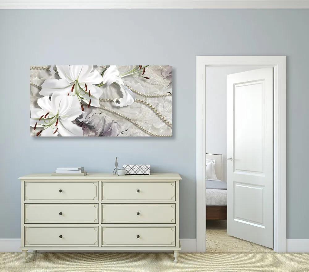 Εικόνα λευκό κρίνο με πέρλες - 100x50