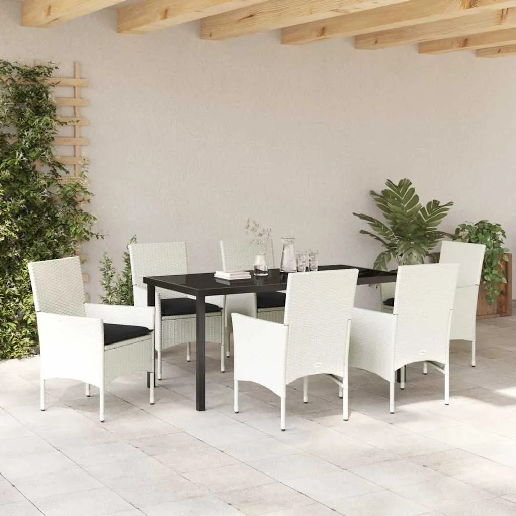 vidaXL Σέτ φαγητού για κήπο με μαξιλάρι 7 pcs Λευκό Πολυ ράταν