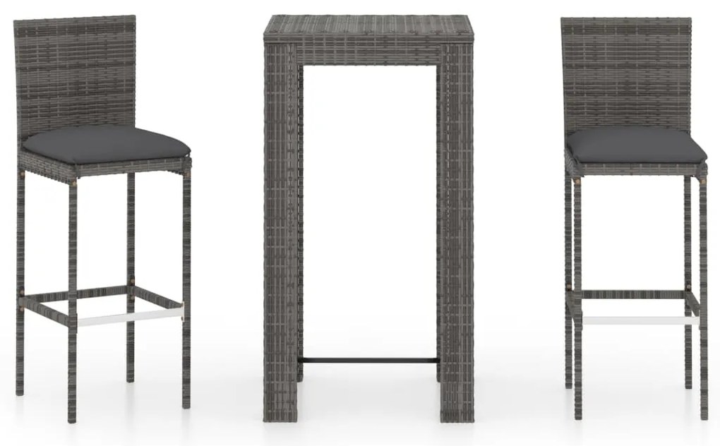 vidaXL Σετ Επίπλων Μπαρ Εξ. Χώρου 3 τεμ. Γκρι Συνθ. Ρατάν με Μαξιλάρια