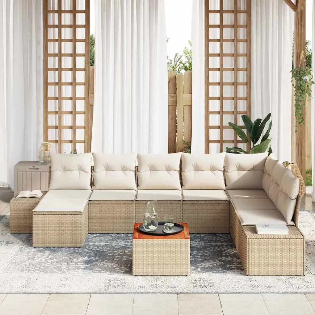 vidaXL Σετ Καναπέ Κήπου με μαξιλάρι 9 pcs Μπεζ Πολυ ράταν
