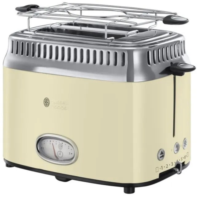 Russell Hobbs Retro Vintage Κρέμα Τοστιέρα 21682-56, 1300W, 2 φέτες, 6 επίπεδα, Κλίμακα ένδειξης ρετρό, Lift & Look, Γρήγορη φρυγανιά, Κρέμα/Inox