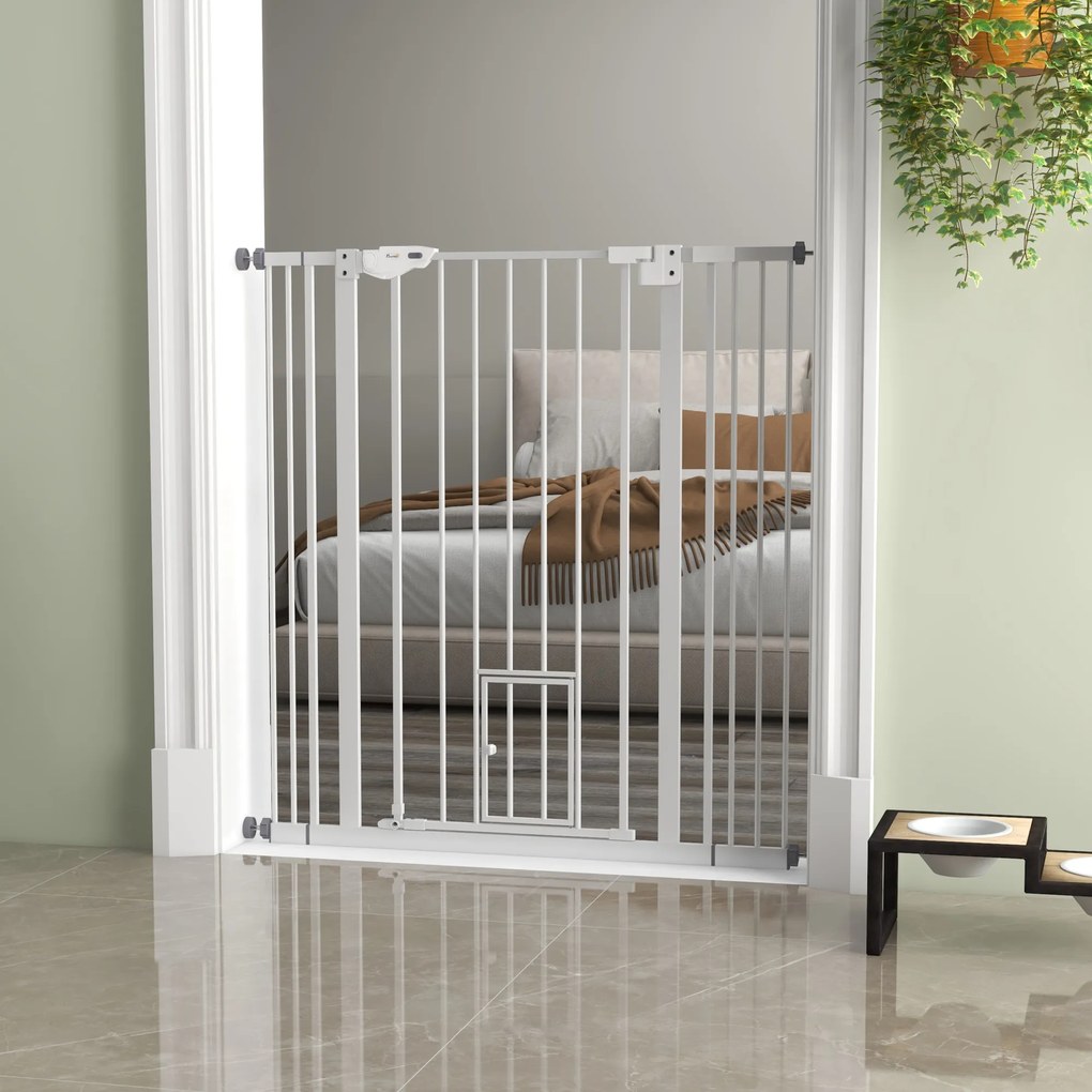 PawHut Πύλη ασφαλείας για σκύλους, διπλό κλείδωμα, αυτόματη πόρτα, ύψος 104 cm, ατσάλι, Λευκό