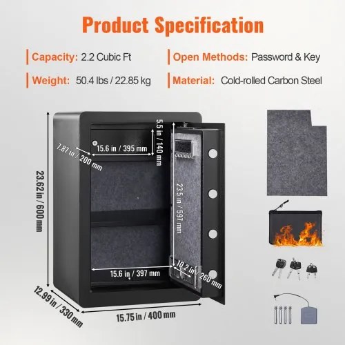 VEVOR Safe, 2.2 Cubic Feet Home Safe, Steel Security Safe with Fingerprint, Digital Keypad and 2 Keys, Cabinet Safe with Large Fire-proof Bag, Protect Cash, Gold, Jewelry, Documents, 15.8x13x23.6 inch