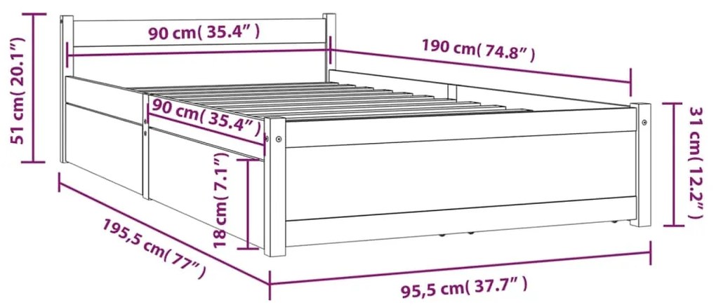 ΠΛΑΙΣΙΟ ΚΡΕΒΑΤΙΟΥ ΜΕ ΣΥΡΤΑΡΙΑ ΛΕΥΚΟ 90X190 ΕΚ 3FT SINGLE 3103479