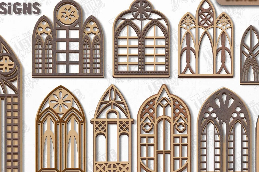 Intra απο ξύλο plywood Χρώμα wenge 3mm-4mm πάχος - Πακέτο γοτθικών παραθύρων | Γοτθικό Στυλ|CNC Δίασταση 20x25 cm INTRAFABR-95710957