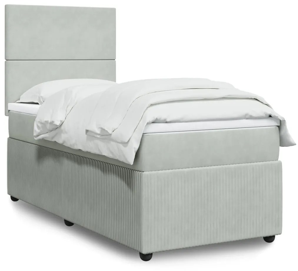 vidaXL Κρεβάτι Boxspring με Στρώμα Ανοιχτό Γκρι 90x190 εκ. Βελούδινο