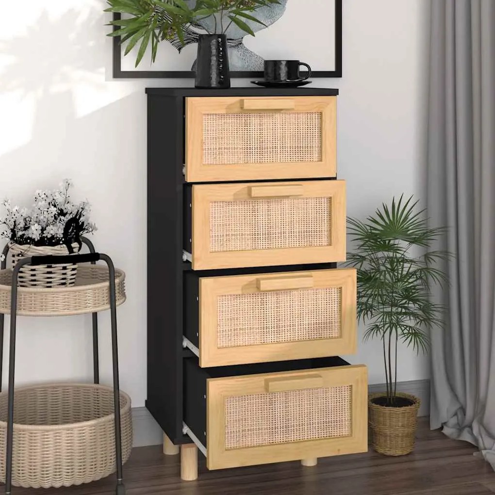 vidaXL Συρταριέρα Μαύρη 40x30x90 εκ. από Μασίφ Πεύκο &amp; Φυσικό Ρατάν