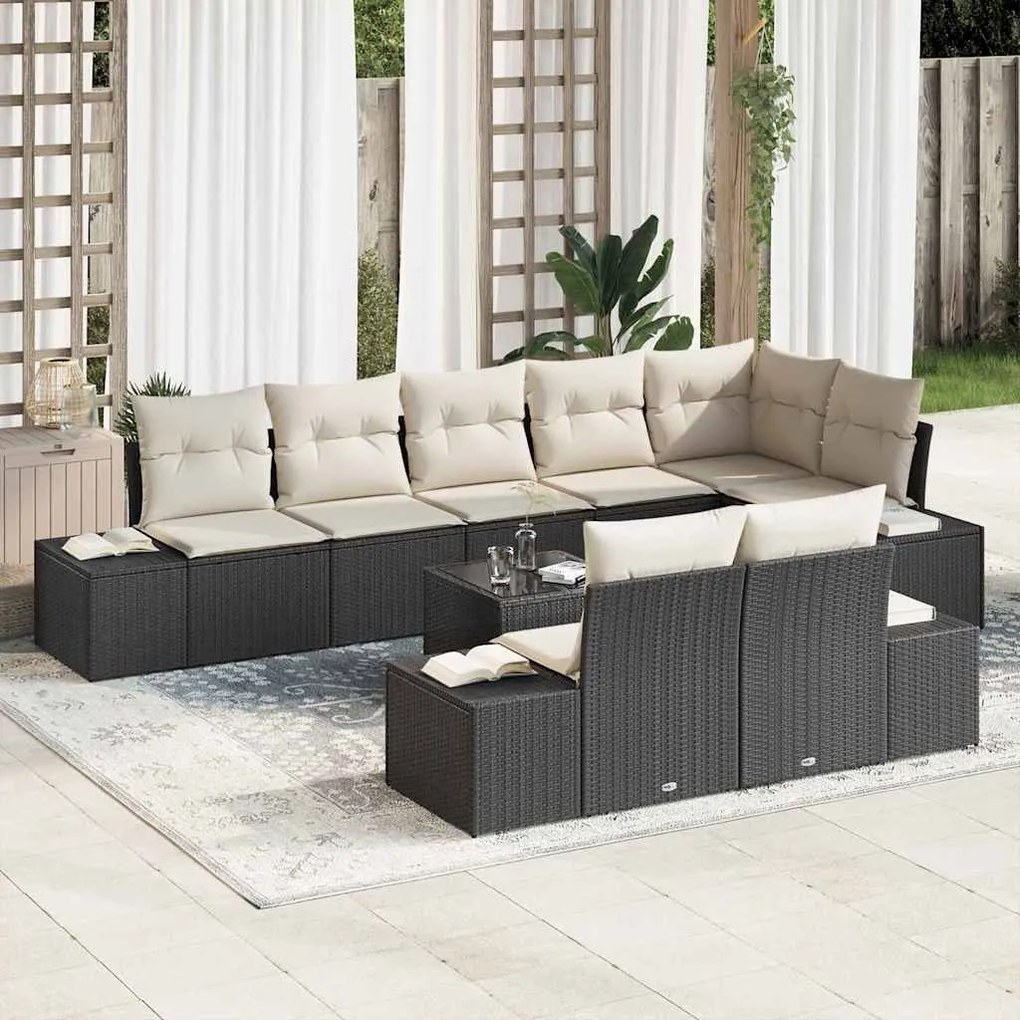 vidaXL Σετ Καναπέ Κήπου με μαξιλάρι 9 pcs Μαύρο και Κρεμ Πολυ ράταν