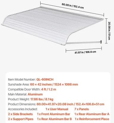 VEVOR Window Awning Door Canopy 60x42 in Aluminum Alloy Front Door Awnings