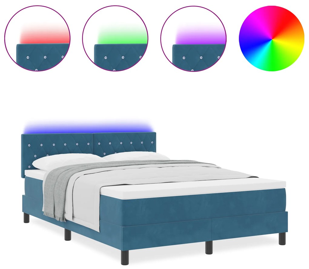 vidaXL κρεβάτι Box Spring με στρώμα & LED Σκούρο Μπλε 160x200 εκ Βελούδο