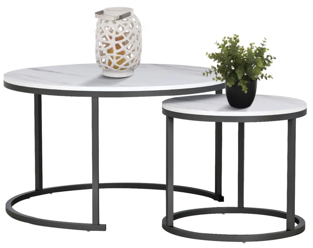 COFFEE TABLES SET 2PCS MDF WHITE MARBLE LOOK BLACK LEGS Φ80x48cm.