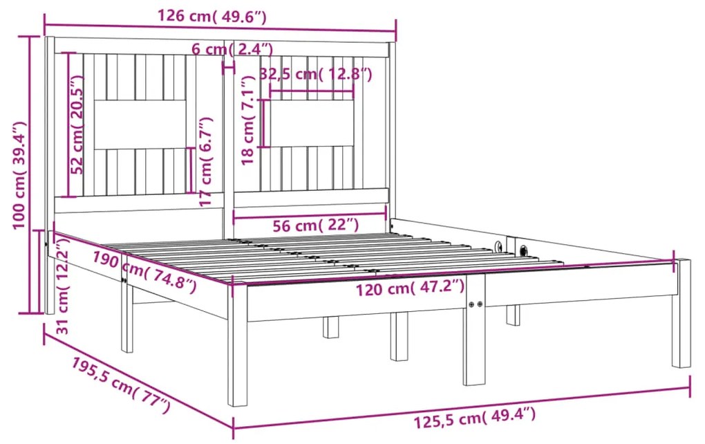 vidaXL Πλαίσιο Κρεβατιού 120 x 190 εκ. από Μασίφ Ξύλο Small Double