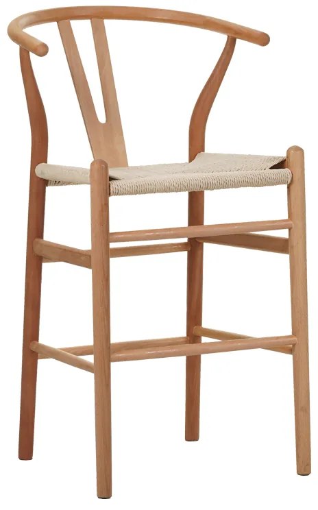 Σκαμπό μπαρ Wishbone pakoworld μεσαίου ύψους rubberwood-σχοινί σε φυσική απόχρωση 55x49x96εκ