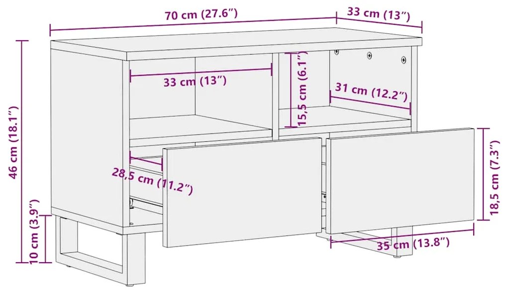 Έπιπλο Τηλεόρασης Μαύρο 70 x 33 x 46 εκ. από Μασίφ Ξύλο Μάνγκο - Μαύρο