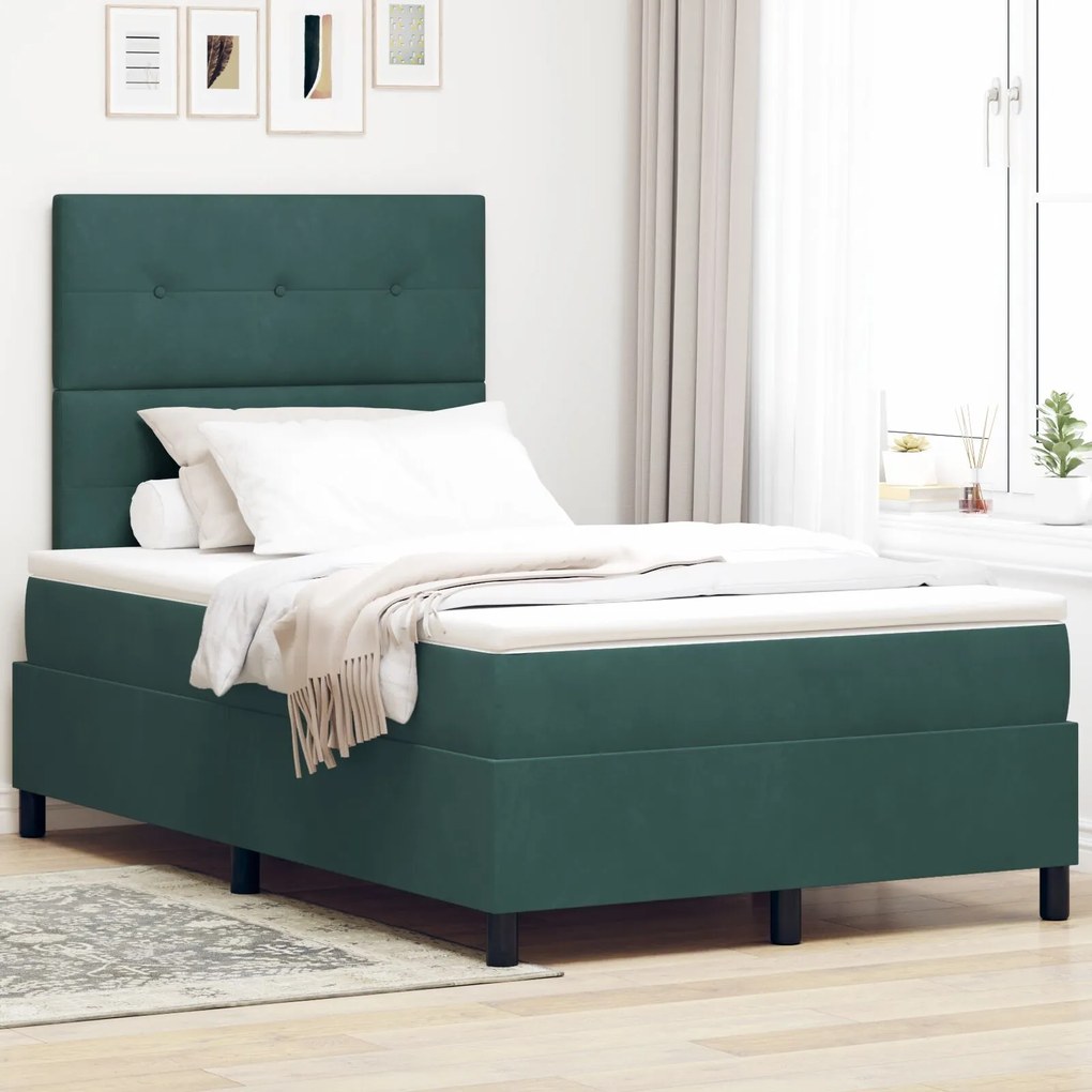 Κρεβάτι Box Spring με Στρώμα vidaXL Σκούρο Πράσινο 120x200 εκ Βελούδινο