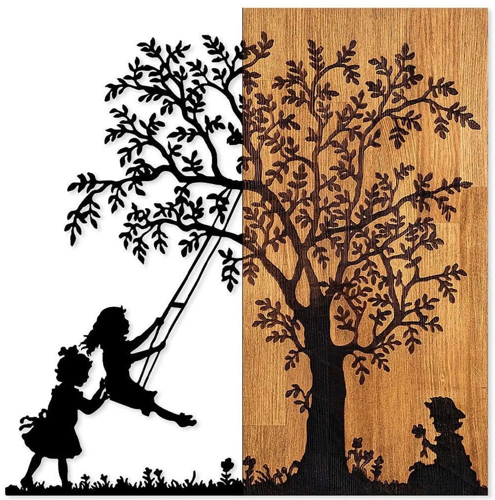 Διακοσμητικό Τοίχου The Tree And The Shaking Children 899SKL2406 58x59cm Walnut-Black Wallity Μέταλλο,Ξύλο