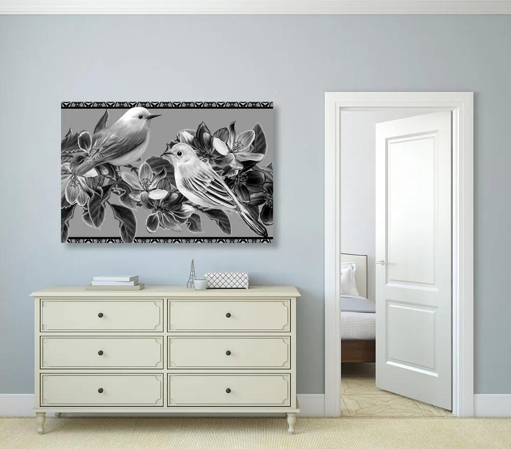 Εικόνα ασπρόμαυρων πουλιών και λουλουδιών σε vintage σχέδιο - 60x40