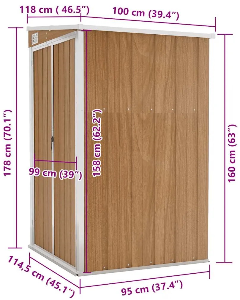 vidaXL Αποθήκη Κήπου Επιτοίχια Καφέ 118x100x178 εκ. από Γαλβ. Ατσάλι