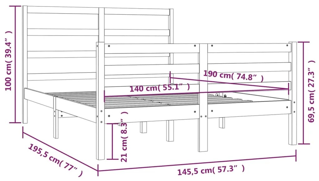 vidaXL Πλαίσιο Κρεβατιού Γκρι 140 x 190 εκ. από Μασίφ Ξύλο Πεύκου