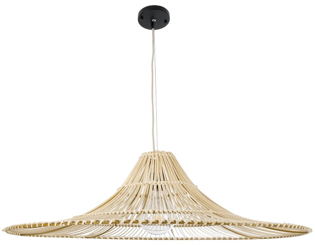 GloboStar PALERMO 02209 Boho Κρεμαστό Φωτιστικό Οροφής Μονόφωτο 1 x E27 AC220-240V IP20 - Φ100 x Υ30cm - Μπεζ Ξύλινο Μπαμπού Πλέγμα - 5 Χρόνια Εγγύηση - 02209
