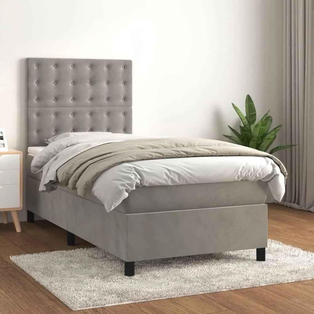 Κρεβάτι Boxspring με Στρώμα Ανοιχτό Γκρι 90x200 εκ. Βελούδινο
