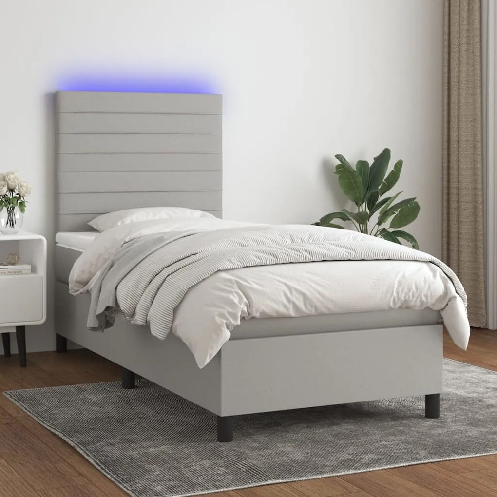 vidaXL Κρεβάτι Boxspring με Στρώμα &amp; LED Αν.Γκρι 90x200 εκ. Υφασμάτινο