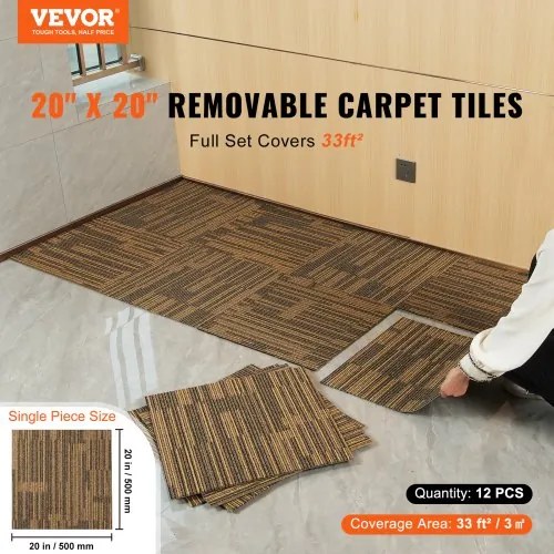 VEVOR Carpet Tiles Reusable, 20"x 20"Carpet Squares With Padding Attached, Soft Padded Carpet Tiles, Easy Install DIY for Bedroom Living Room (12Tiles, Mixed Brown)