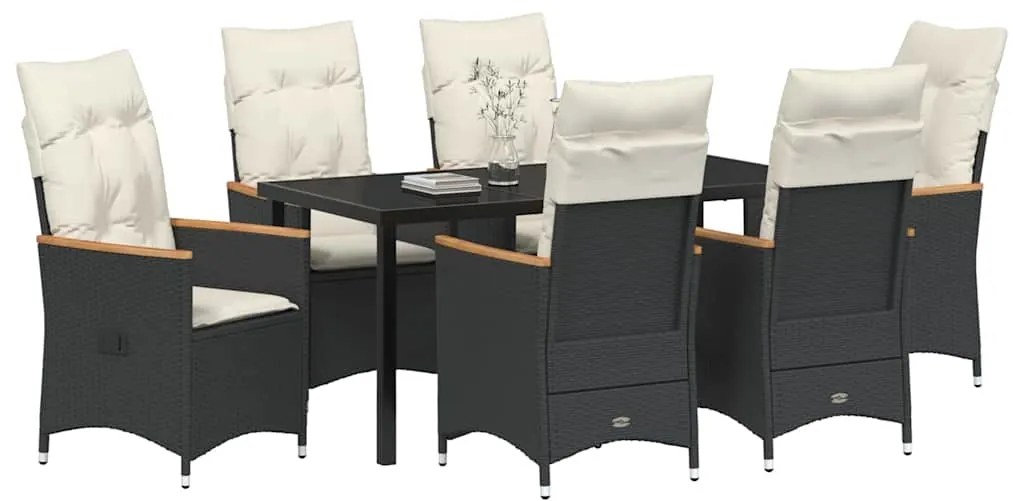 vidaXL Σέτ φαγητού για κήπο με μαξιλάρι 7 pcs Μαύρο Πολυ ράταν