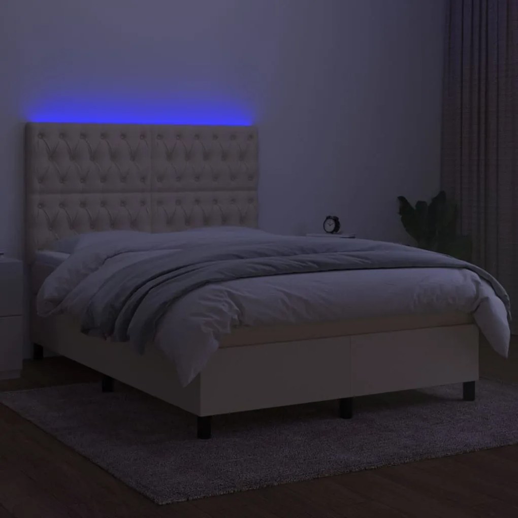 vidaXL Κρεβάτι Boxspring με Στρώμα & LED Κρεμ 140x200 εκ. Υφασμάτινο