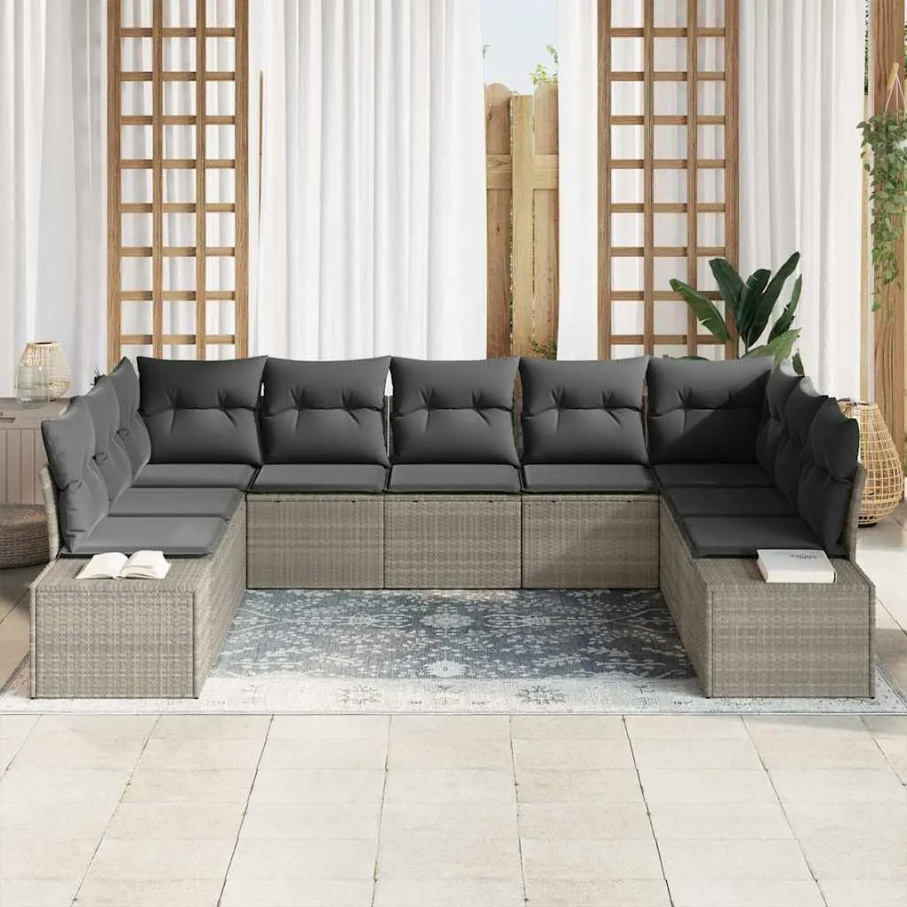vidaXL Σετ Καναπέ Κήπου με μαξιλάρι 9 pcs Ανοιχτό γκρι Πολυ ράταν