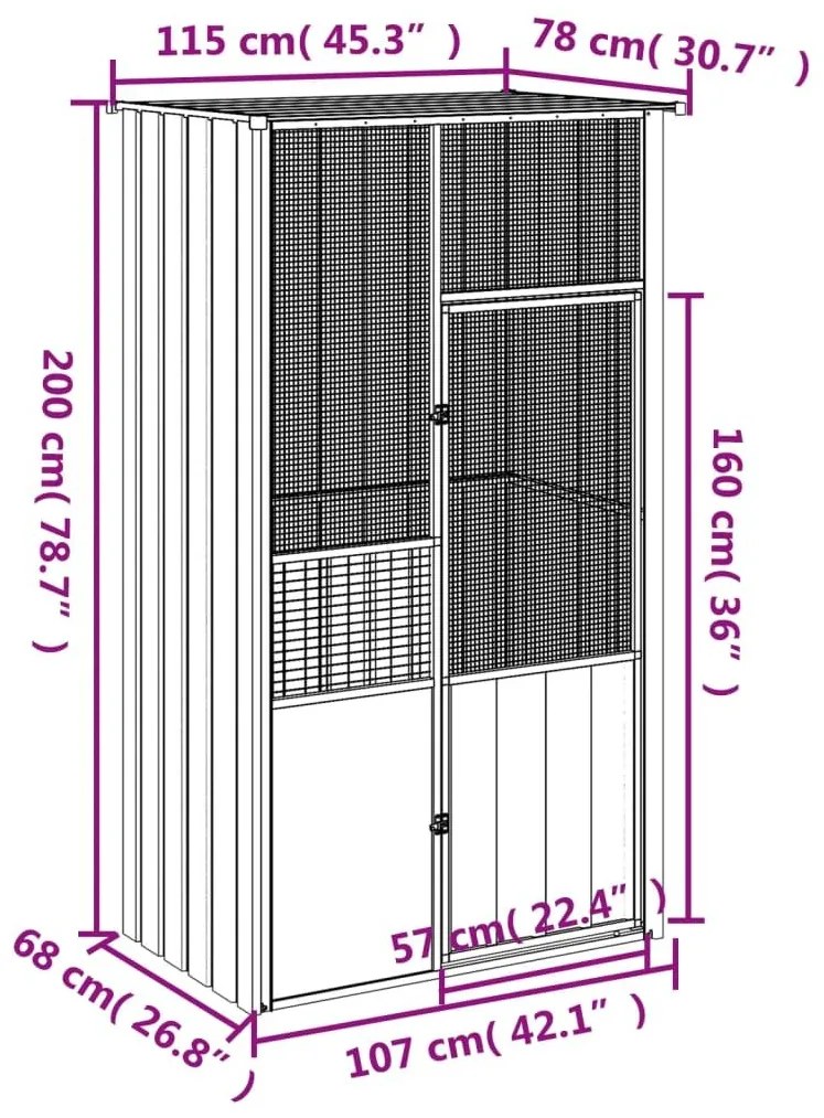 Κλουβί Πουλιών Ανθρακί 115x78x200 εκ. από Γαλβανισμένο Χάλυβα - Ανθρακί