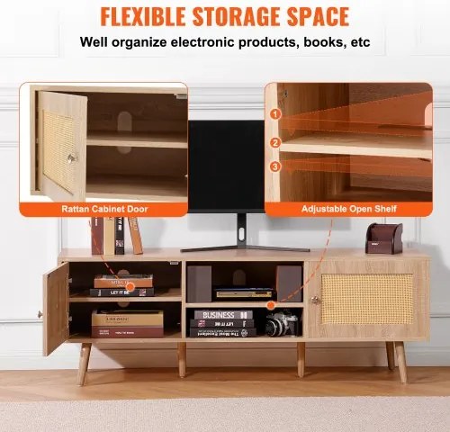 VEVOR Rattan TV Stand for 65&quot; TV Boho TV Stand with Build-in Socket Oak