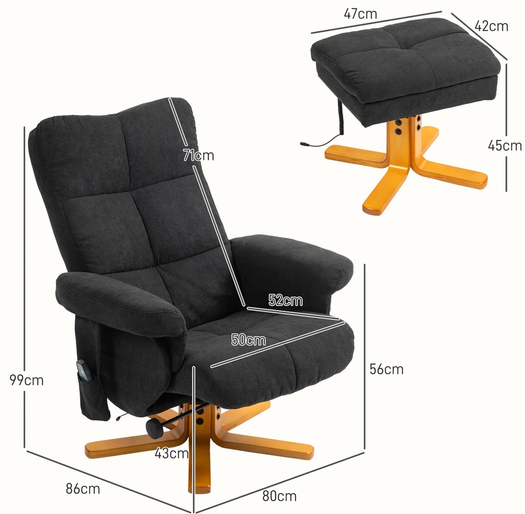 HOMCOM Πολυθρόνα Μασάζ με Λειτουργία Ανάκλισης και Υποπόδιο, Κλίση 145°, Πολυεστέρας, 80 x 86 x 99 cm, Μαύρο