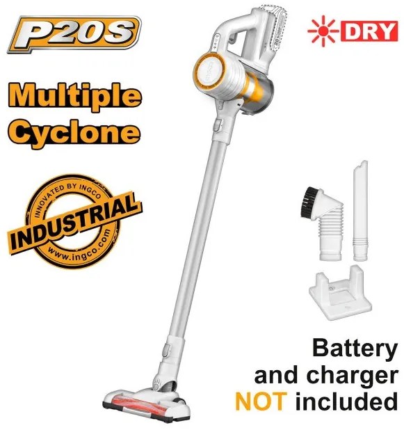 Σκούπα Stick Cyclone 20V Li-Ion Ασημί Χωρίς Μπαταρία HEPA 120W CVLI20061 INGCO CVLI20061