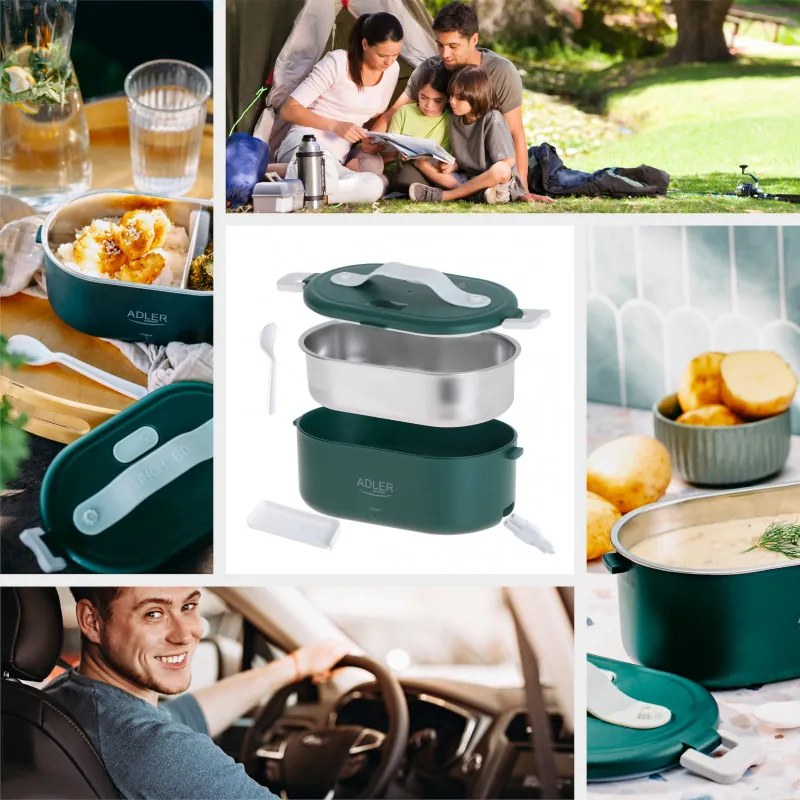 Ηλεκτρικό κουτί φαγητού Adler AD 4522, 45W, 0.8 l, Μέχρι 70C, Δοχείο από ανοξείδωτο ατσάλι, Θερμοσακούλα, Πράσινο