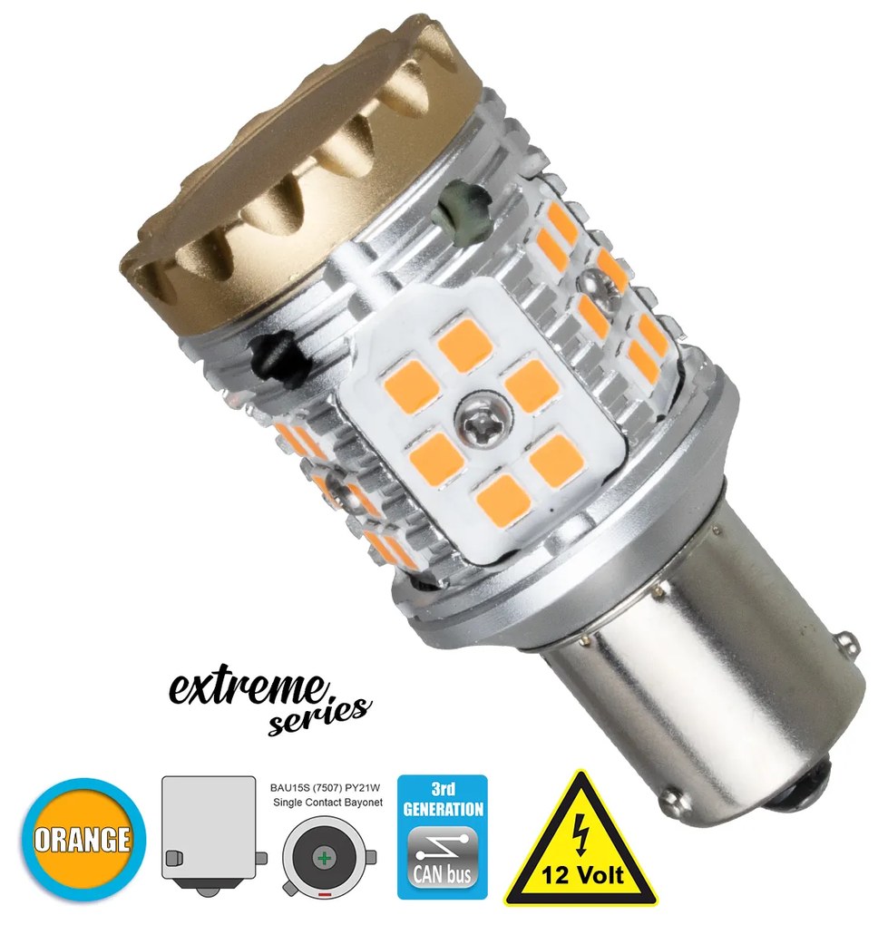 GloboStar® 81235 Λάμπα Αυτοκίνητου 1156 - BA15S - P21W 3rd Generation Can-Bus Extreme Series LED 24 SMD 3030 28W 3360lm 360° DC 12V IP20 Πορτοκαλί