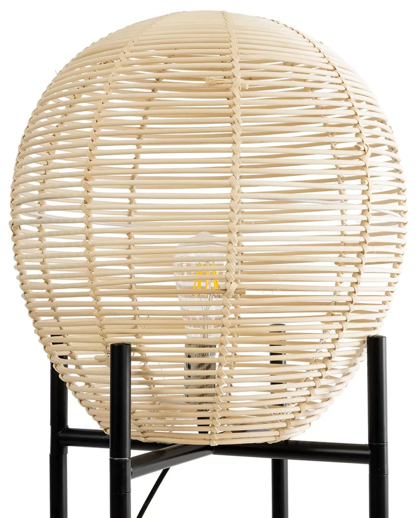 GloboStar® NERINA 02016 Boho Επιδαπέδιο Φωτιστικό Μονόφωτο 1 x E27 AC220-240V IP20 - Φ40 x Υ160cm - Μαύρο Μεταλλικό με Μπεζ Ρατάν Καπέλο Πλέγμα - 5 Χρόνια Εγγύηση