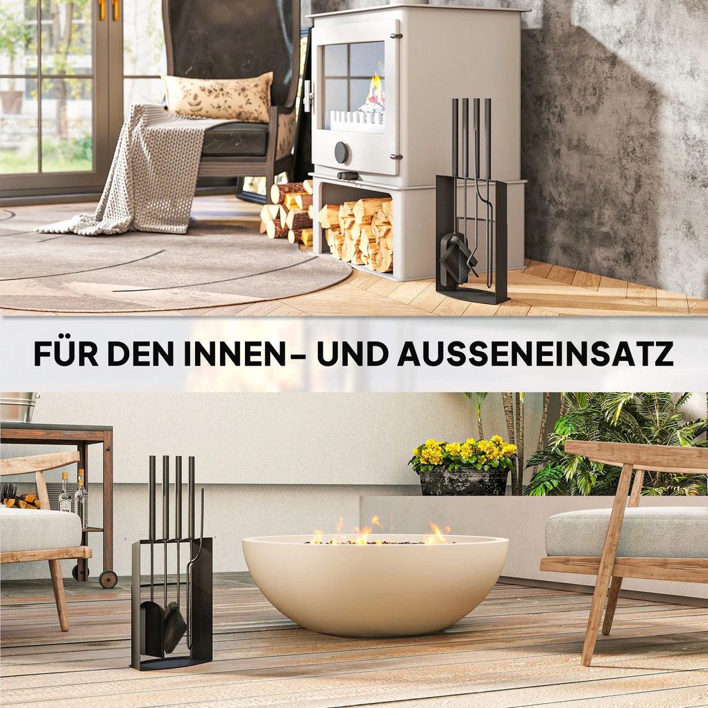 Σετ εργαλείων τζακιού Outsunny 5 τεμαχίων, αξεσουάρ τζακιού με σκούπα, φτυάρι, γάντζο, τσιμπίδα, βάση, μέταλλο, μαύρο