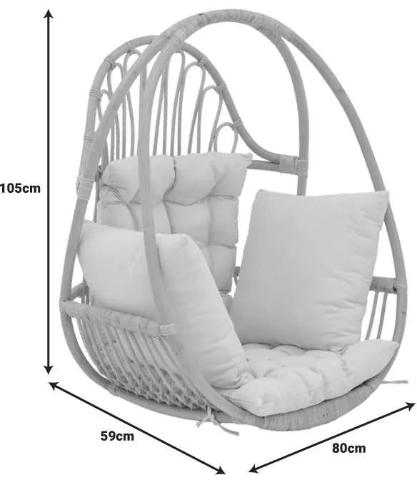 Κρεμαστή κούνια Jorg pakoworld φυσικό rattan-κρεμ μαξιλάρι 80x59x105εκ