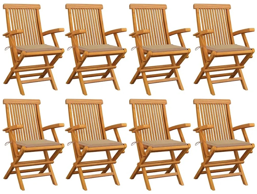 vidaXL Καρέκλες Κήπου 8 τεμ. από Μασίφ Ξύλο Teak με Μπεζ Μαξιλάρια