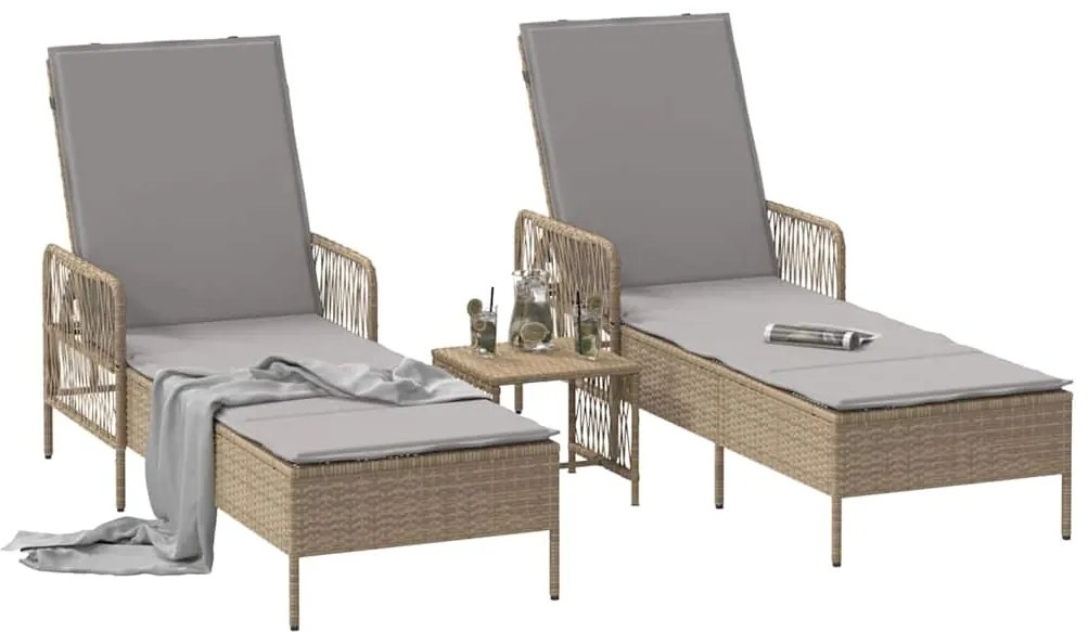 vidaXL Ξαπλώστρα με μαξιλάρι 2-πρόσωπο 2 pcs Μπεζ συνθετικό ρατάν