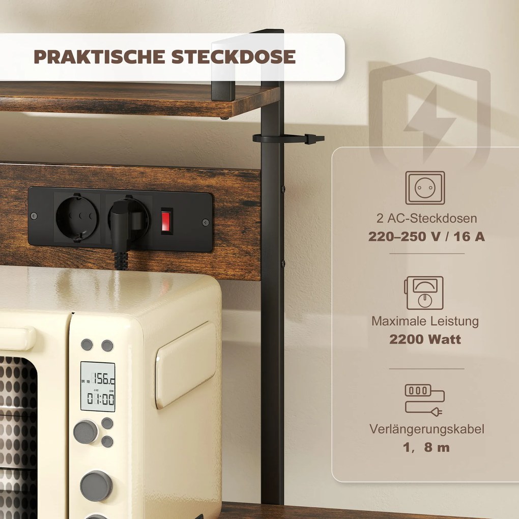 Ράφι κουζίνας HOMCOM, ράφι δαπέδου με 2 πρίζες, 5 S-άγκιστρα, 5 ράφια, καλάθι, χαλύβδινες μπάρες Χ, 90 x 42 x 130 cm