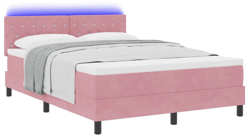 vidaXL κρεβάτι box spring με στρώμα & LED Ροζ 140x200 εκ. Βελούδο