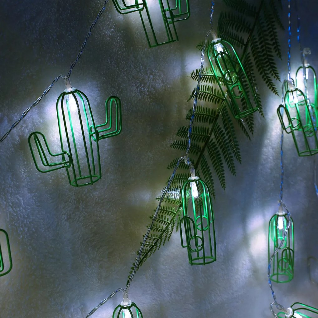 79802 Διακοσμητική Γιρλάντα Green Cactus 6 Μέτρα με Διακόπτη On/Off - 40 LED 4W με Μπαταρίες 3xAA &amp; Διάφανο Καλώδιο IP20 Ψυχρό Λευκό 6000K Μ6m